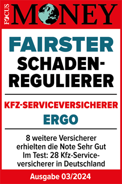 ERGO wurde von Focus Money in der Ausgabe 03/2024 als "Fairster Schadenregulierer" unter den Kfz-Versicherern ausgezeichnet.